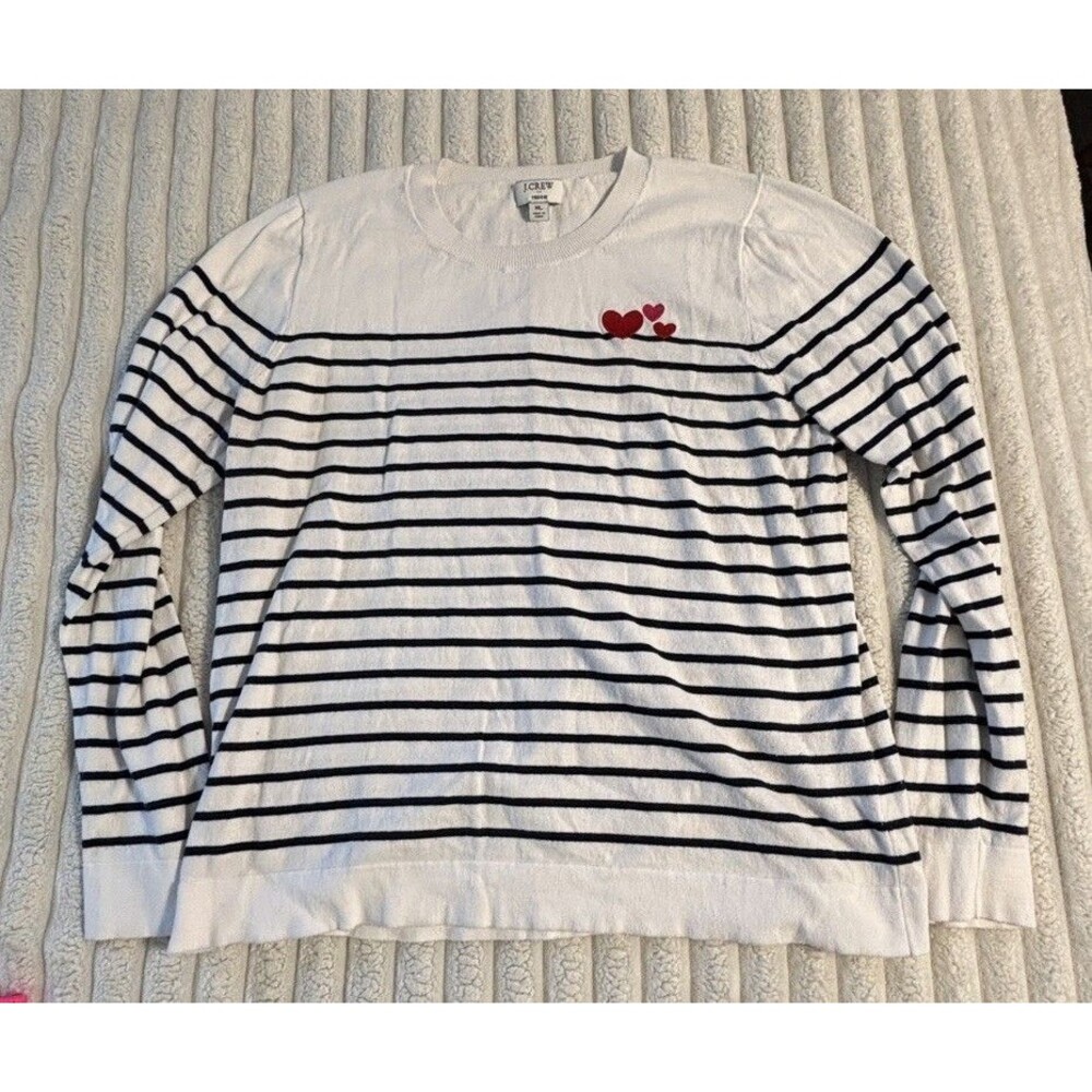 J CREW Teddie Sweater Women XL black white stripes red hearts quiet luxury - Picture 2 of 11